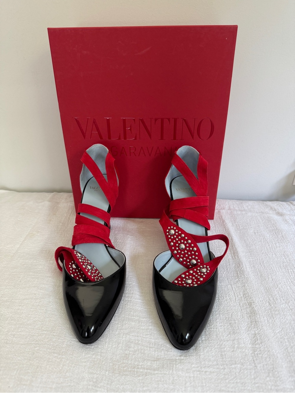 Valentino Red Suede & Black Patent Embellished Pointed Heels